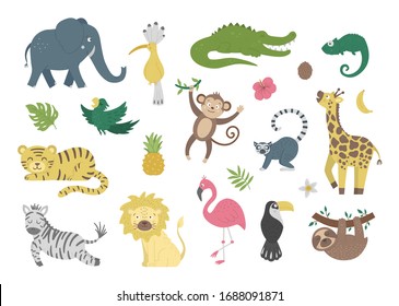 Vector set with cute exotic animals, leaves, flowers, fruits isolated on white background. Funny tropical birds and plants illustration. Bright flat picture for children. Jungle summer clip art