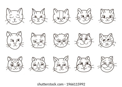 Vector set of cute cat’s faces close up with different emotions (happy, sad, angry, embarrassed, insidious, arrogant, playful, laughing, etc.). Trendy stylized doodle with hand drawn vector outline.