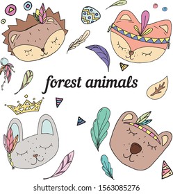 vector set of cute faces of forest animals decorated with boho feathers