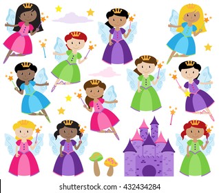 Vector Set of Cute Fairies with a Fantasy Castle