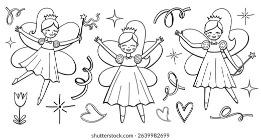 Vector set of cute fairy tooth girls in outline. Fairytale character for children. Kids dental coloring page for girls