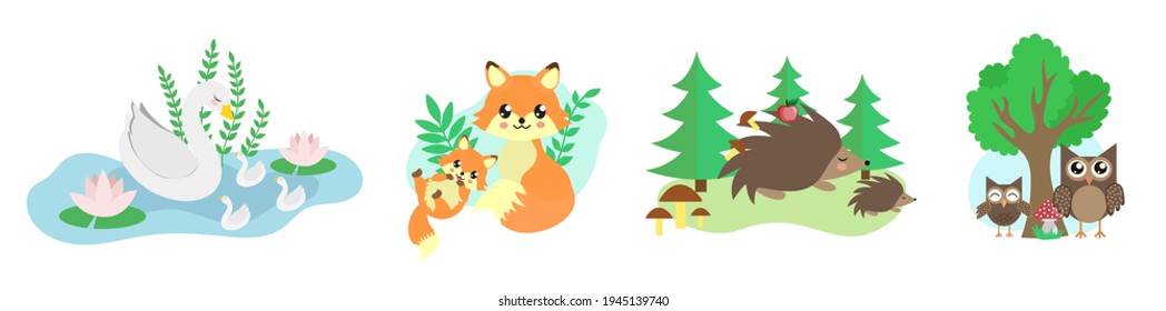 Vector set of cute family of forest animals, mom and baby. Swans, owls, foxes and hedgehogs.