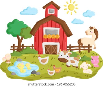 A Vector Set of Cute Farm Animal and Barnyard Doodle