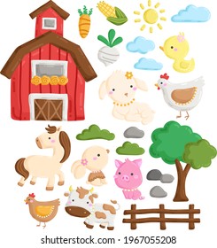 A Vector Set of Cute Farm Animal and Barnyard Doodle in the Morning