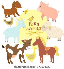 Vector set of cute farm animals: cow, horse, pig, sheep, goat, dog, hen with chickens, goose