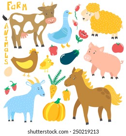 Vector set of cute farm animals: cow, horse, pig, sheep, goat, hen with chicken, goose and different floral elements: berries, vegetables, flower. Cute cartoon characters isolated on white.