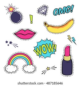 Vector set with cute fashion patch badges: lips, speech bubble, rainbow, stars, diamond, bomb, lipstick, banana isolated on white. Trendy collection of stickers, pins, patches in cartoon comic style