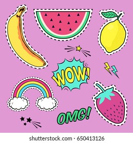 Vector set with cute fashion patch badges: banana, watermelon, lemon, strawberry, speech bubble, rainbow, stars. Trendy summer collection of stickers, pins, patches in cartoon comic style.