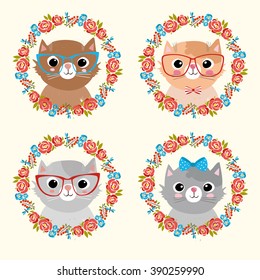 vector set. cute, fashionable cats in floral frames. hipster kittens. very beautiful cat, summer print with a cat. cute kittens
