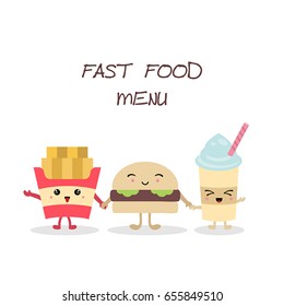 Vector set of cute fast food meals. Cute cartoon characters. Design card. French fries, hamburger and drink.