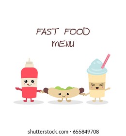 Vector set of cute fast food meals. Cute cartoon characters. Design card. Hot dog, sauce and drink