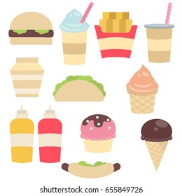 Vector set of cute fast food meals.