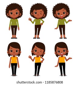 Vector set of cute female character in different outfit isolated on white background
