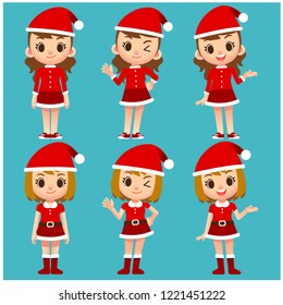 Vector set of cute female character in Santa Claus costume