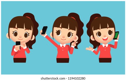 Vector set of cute female characters using mobile phone, smartphone 