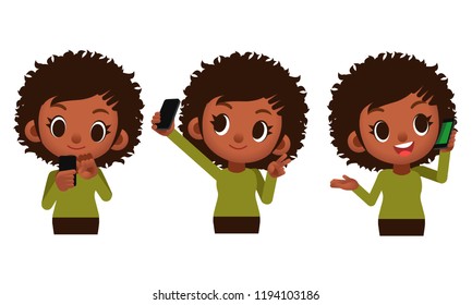 Vector set of cute female characters using mobile phone, smartphone