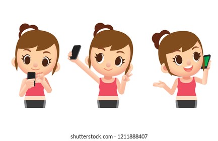 Vektorsatz von niedlichen weiblichen Figuren mit Mobiltelefon, Smartphone