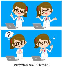 Vector set of cute female doctor showing different actions with computer labtop.