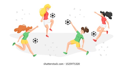 Vector set of cute female football players isolated on white background. Happy women playing soccer. Flat concept of teenage girls kicking ball. Girl team playing soccer.