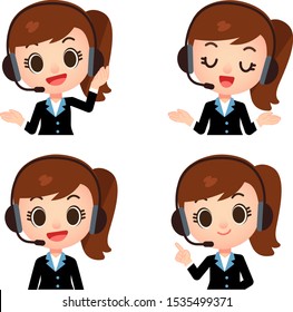 Vector set of cute female operator character in different actions isolated on white background