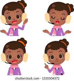 Vector set of cute female operator character wearing sweater and scarf in different actions isolated on white background