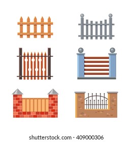 Vector set of cute fences of different shapes, materials and colors. Construct your own house. Cartoon building elements made of wood, metal, stone on a white background. Types of fencing. 