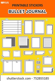 Vector set of cute flat icons, perfect for bullet journal design. Set 2, including simple paper pages with frame, pages with perforation, lined notes, boards, text cloud. Boxes for text