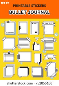 Vector set of cute flat icons, perfect for bullet journal design. Set 3, including paper pages, diary, pages with scotch, lined note with paper clip, text clouds, flag ribbons. Boxes for text