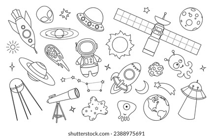 Conjunto de vectores de elementos de espacio plano lindo aislados en fondo blanco. Ilustración para textiles, tejidos, carteles, tarjetas, camisetas, etc.