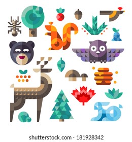 Conjunto vectorial de adorables planos varios iconos de bosque, proporciones geométricas. Los animales forestales contienen búho, ciervos, ardillas, conejos.