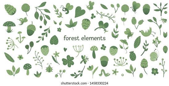Vector set of cute flat woodland insects and plants. Forest elements collection. Beautiful childish design for stationery, textile, wallpapers. Monochrome green color