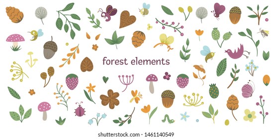 Vector set of cute flat woodland insects and plants. Forest elements collection. Beautiful childish design for stationery, textile, wallpapers