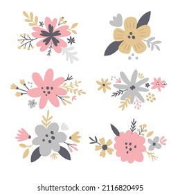 vector set of cute floral designs, modern boho style, neutral color palette, tender design for wedding stationery