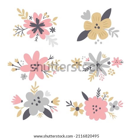 vector set of cute floral designs, modern boho style, neutral color palette, tender design for wedding stationery