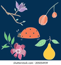 Vector set with cute flowers and ladybird