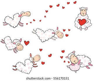 Vector set of cute flying sheep in the shape of hearts for Valentine's day designs, baby showers and greeting cards