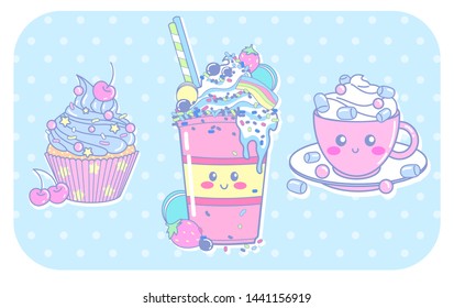 
Vector set of cute food. Coffee, milkshake, cupcake