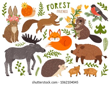 Vector set of cute forest animals: fox, hedgehog, wild boar with baby, rabbit, elk, squirrel, beaver, snail, bullfinch. Cartoon characters are isolated on white.