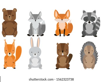 Vector set of cute forest animals. Wild woods animals: raccoon, deer, squirrel, hedgehog, hare, bear, fox, beaver and wolf. Cartoon illustration for children