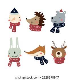 Vector set of cute forest animals and funny snowman in winter scarves and hats for your design