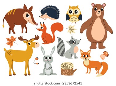 Vektorgrafik süßer Waldtiere wie Elch, Hasen, Igel, Bär, Eber, Fuchs, Marderbarsch, Eule und Eichhörnchen. Ideal für Scrapbooking, Karten, Poster, Tag, Aufkleber Set.