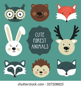 Vector Set Of Cute Forest Animals: Owl, Bear, Fox, Rabbit, Deer, Raccoon, Hedgehog, Wolf. 