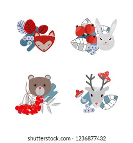Vector set of cute forest elements - animals and trees. Set of four cute pictures with forest animals and plants. Deer, bear, hare and fox, trees and mushrooms. Christmas patterns. New Year's style