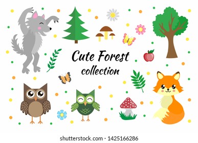 Vector set of cute forest elements. Woodland animals fox, wolf, owls, butterflies, mushrooms, flowers and trees