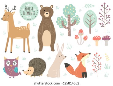 Vector set of cute forest elements - animals and trees. Great for baby shower and kids design. Deer, bear, hedgehog, rabbit, fox, owl, trees and mushrooms