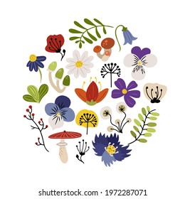 Vector set of cute forest and garden flowers, herbs and mushrooms