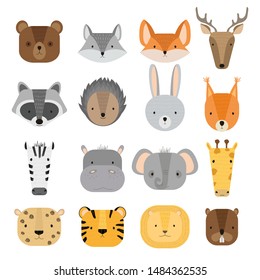 Vector set of cute forest and jungle animals. Wild cartoon animals: raccoon, deer, squirrel, hedgehog, hare, bear, fox, beaver, wolf, lion, cheetah, tiger, zebra,
elephant, hippo, giraffe.