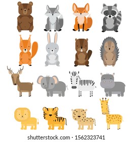 Vector set of cute forest and jungle animals. Wild cartoon animals: raccoon, deer, squirrel, hedgehog, hare, bear, fox, beaver, wolf, lion, cheetah, tiger, zebra, elephant, hippo, giraffe.