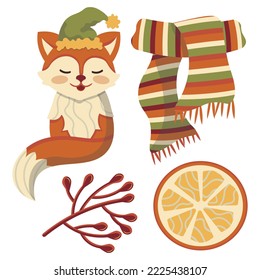 vector set of cute fox in hat orange balls new year christmas