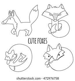Vector set of cute foxes, autumn leaves and mushrooms. Hand draw fox for children's books.